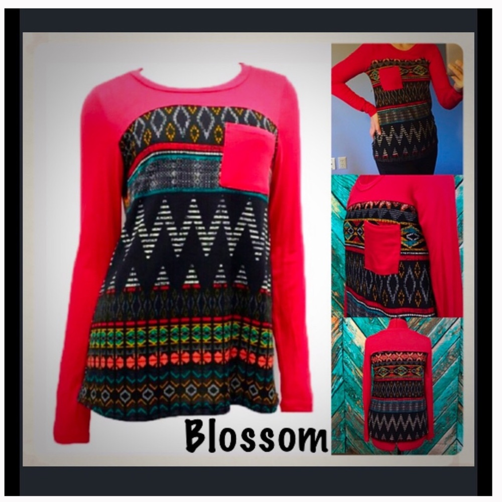 Red Tribal Print Contrast Long Sleeve Tee